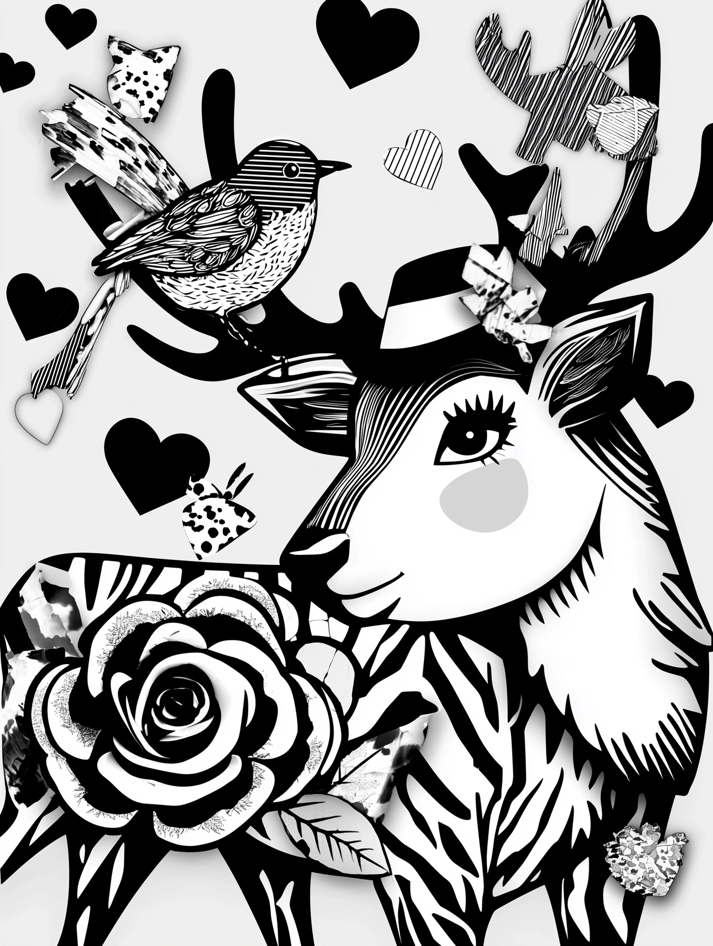 Free printable reindeer coloring page for adults featuring a reindeer wearing a hat with a bird on its antler